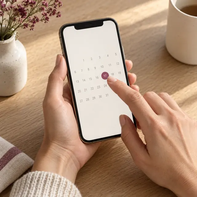 Hände wählen auf einem Smartphone einen Termin im Kalender.