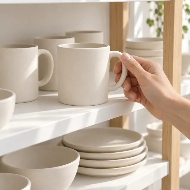 Eine Hand sucht eine unbemalte Tasse aus einem Regal voller Rohkeramik aus.
