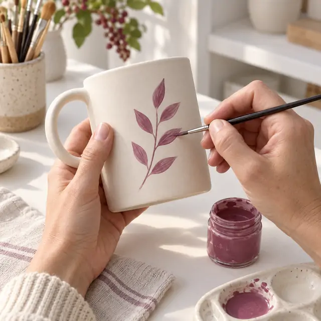 Hände bemalen eine Tasse mit einem feinen beerenfarbenen Blätterzweig.