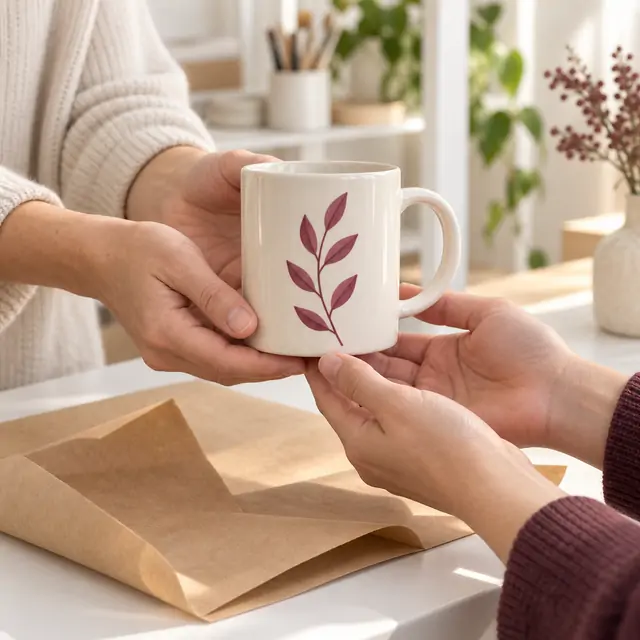 Eine fertig glasierte Tasse wird über einen Tresen überreicht.