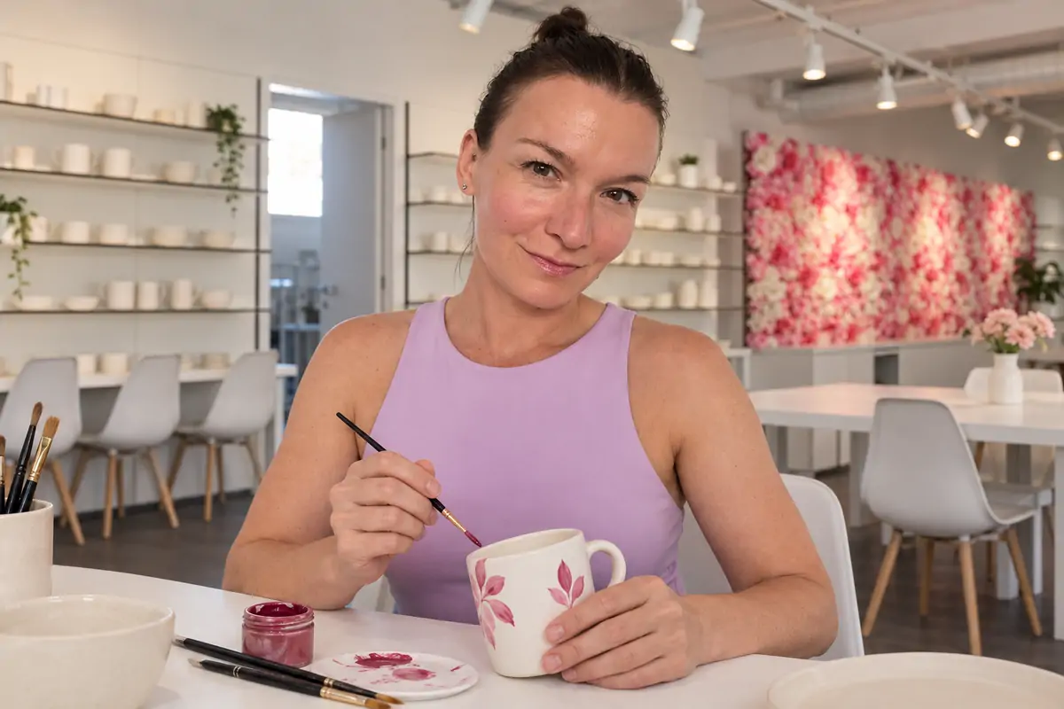 Eine Frau sitzt mit einem Pinsel und einer bemalten Tasse am hellen Ateliertisch.